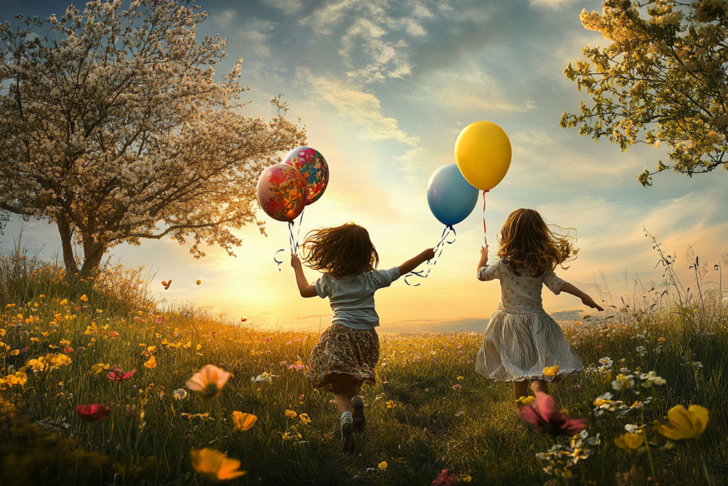 copii care alearga in natura cu baloane