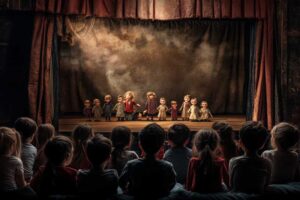 copii de gradinita care se uita la teatru de papusi