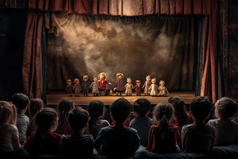copii de gradinita care se uita la teatru de papusi