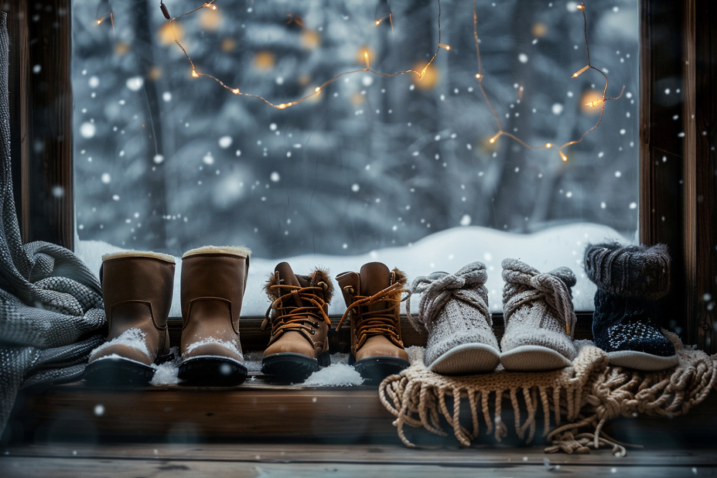 small_childrens_boots_lined_up_under_a_decorated_